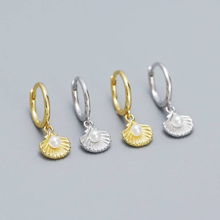 Seashell Pearl Drop Hoop Earrings in 925 Sterling Silver for wholesale by Perimade & Co. LLC