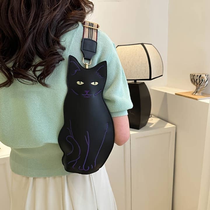 grey Stylish Black Cat Crossbody Bag - Large Capacity PU Leather, Retro Animal Design with Adjustable Strap, Cute Cartoon Shoulder Bag for Casual Outfits, Stylish Crossbody | Unique Fashion Accessory | Adjustable Strap Bag, Purse Crossbody for wholesale on Faire
