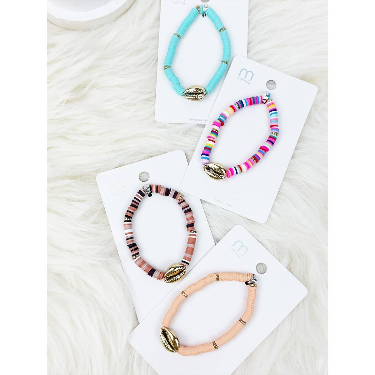 Mixed Color Clay Bead Sea Shell Charm Bracelet for wholesale on Faire2