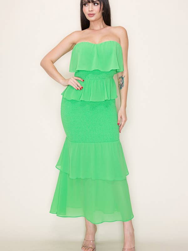 Vestido midi de gasa con detalle de volantes y detalle de volantes DM3604 para venta al por mayor de Miss Avenue