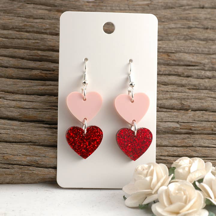 Valentine Heart Earrings | Red Glitter Dangle Post Acrylic for wholesale by Rocky Mountain Shops