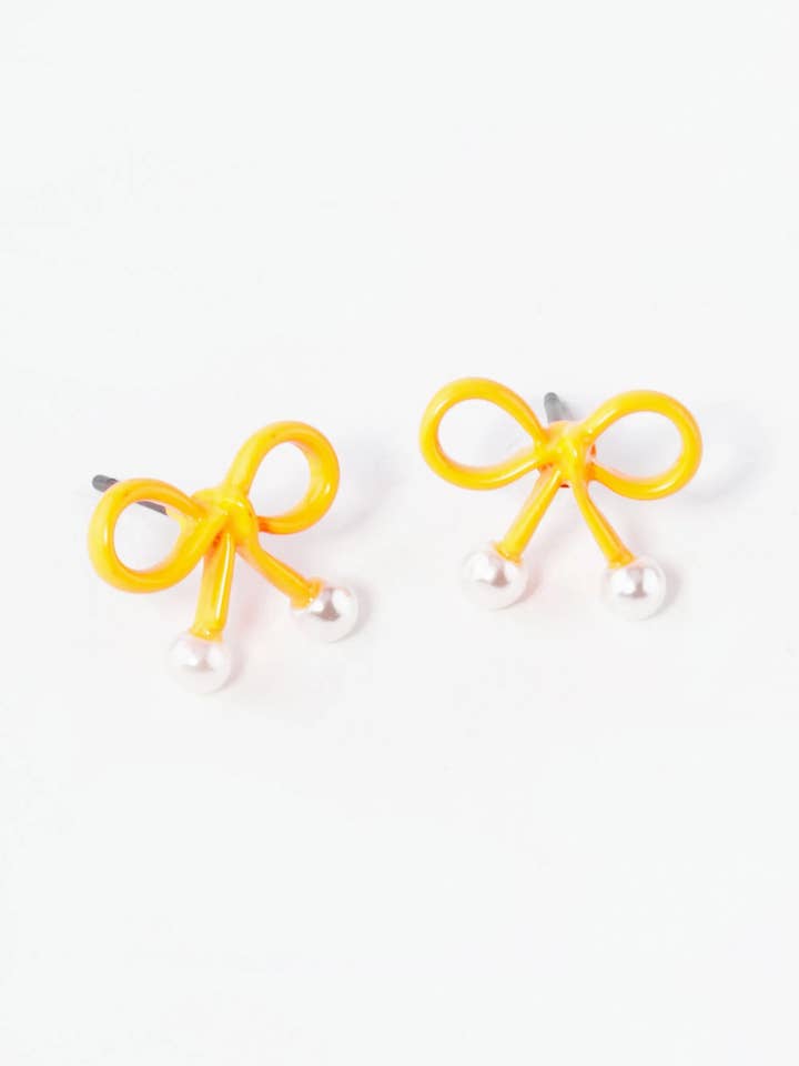 10Mm Color Coated Wire Ribbon Bow Pearl Stud Earrings for wholesale by Wild Honey