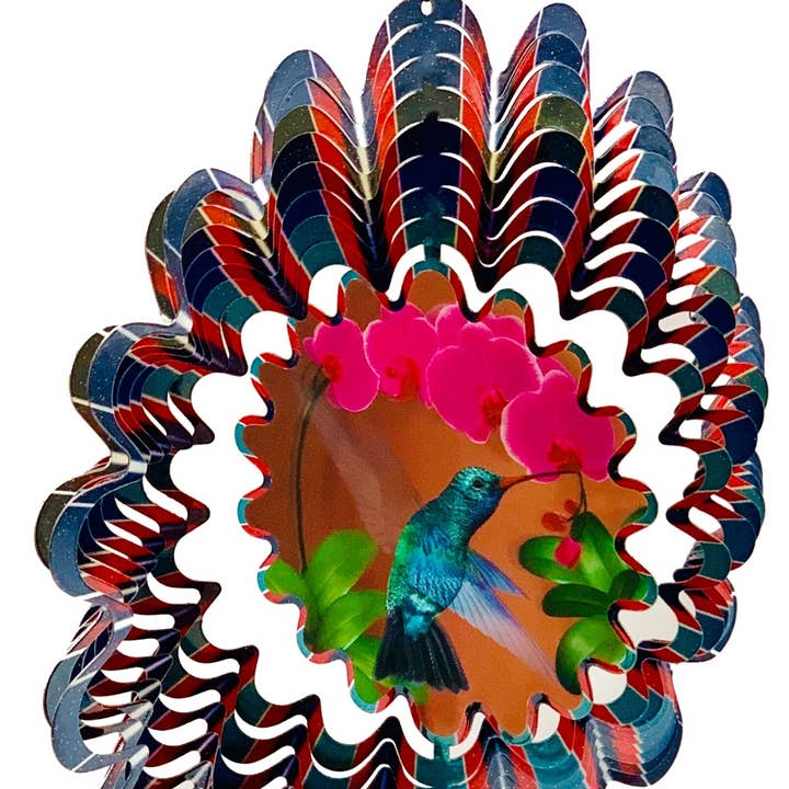 Wind Spinner in Gift Box - 3D Hanging Indoor Outdoor Yard Garden Decoration - Hummingbird Flowers - Teal Pink Red Green Blue - Unique Gift Idea For Men Women, Souvenir, Present for wholesale by Dundee Deco