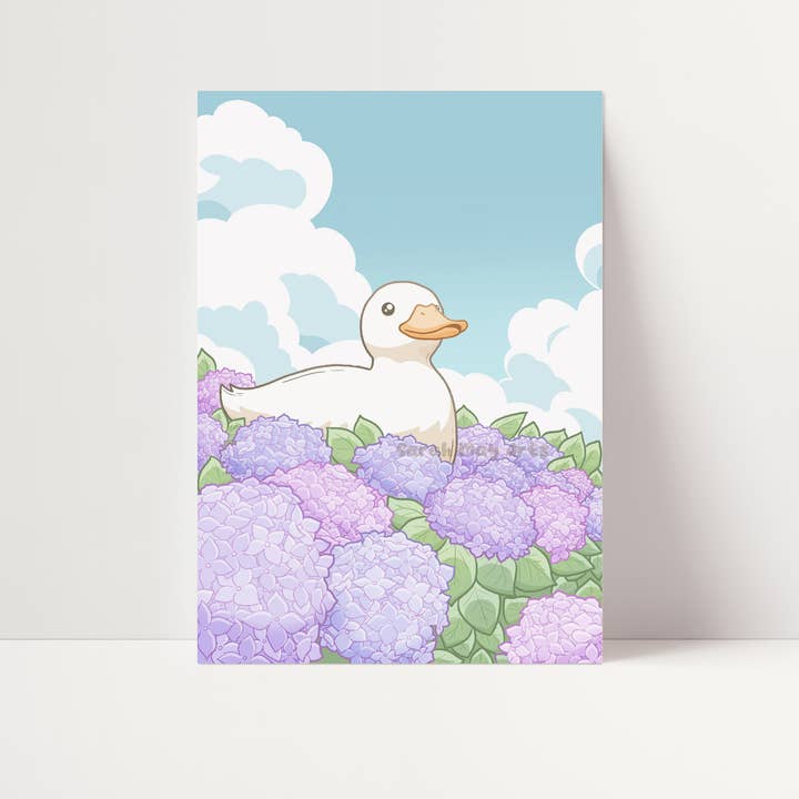 Sarah May Arts - Wholesale Art Print - Hydrangea Duck Print | Fine Line Cute Floral Art1