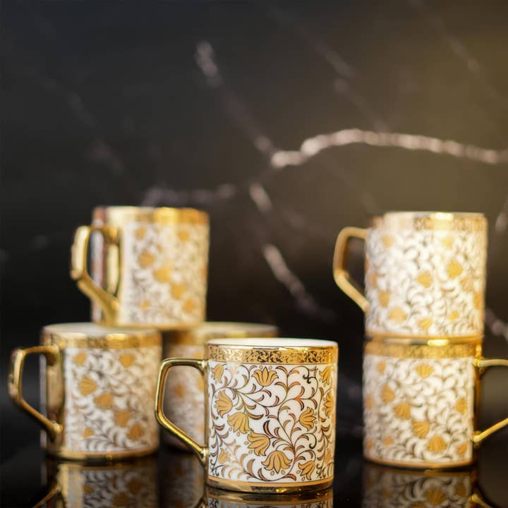 Femora - Wholesale Tea Set - Femora Turkish Floral Pattern Gold Ceramic Tea Cups |6.09 Oz5