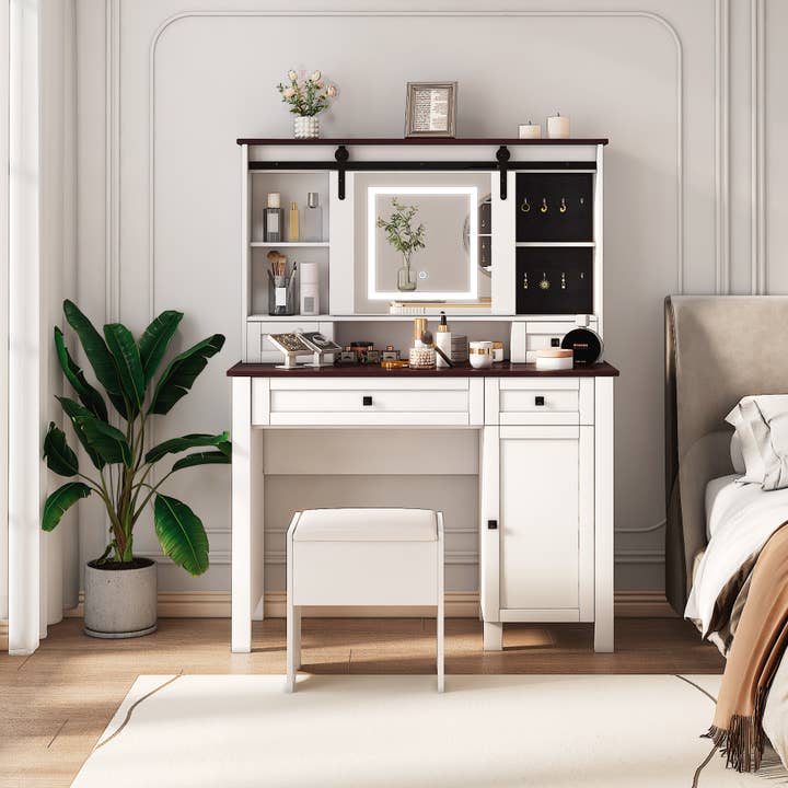 White Walnut Farmhouse Makeup Vanity with Mirror and Lights, 41.73" Wide Vanity Desk, Vanity Table with 4 Drawers and 1 Cabinet, 3 Color Modes, Dressing Table for Bedroom for wholesale on Faire