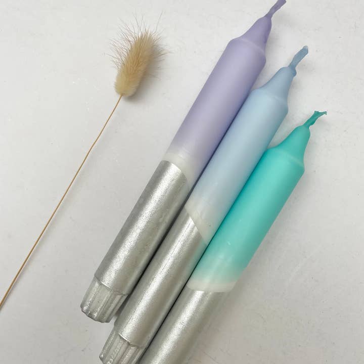 Icy Hues & Silver Dip Dye Dinner Candles for wholesale by The Singing Rabbit