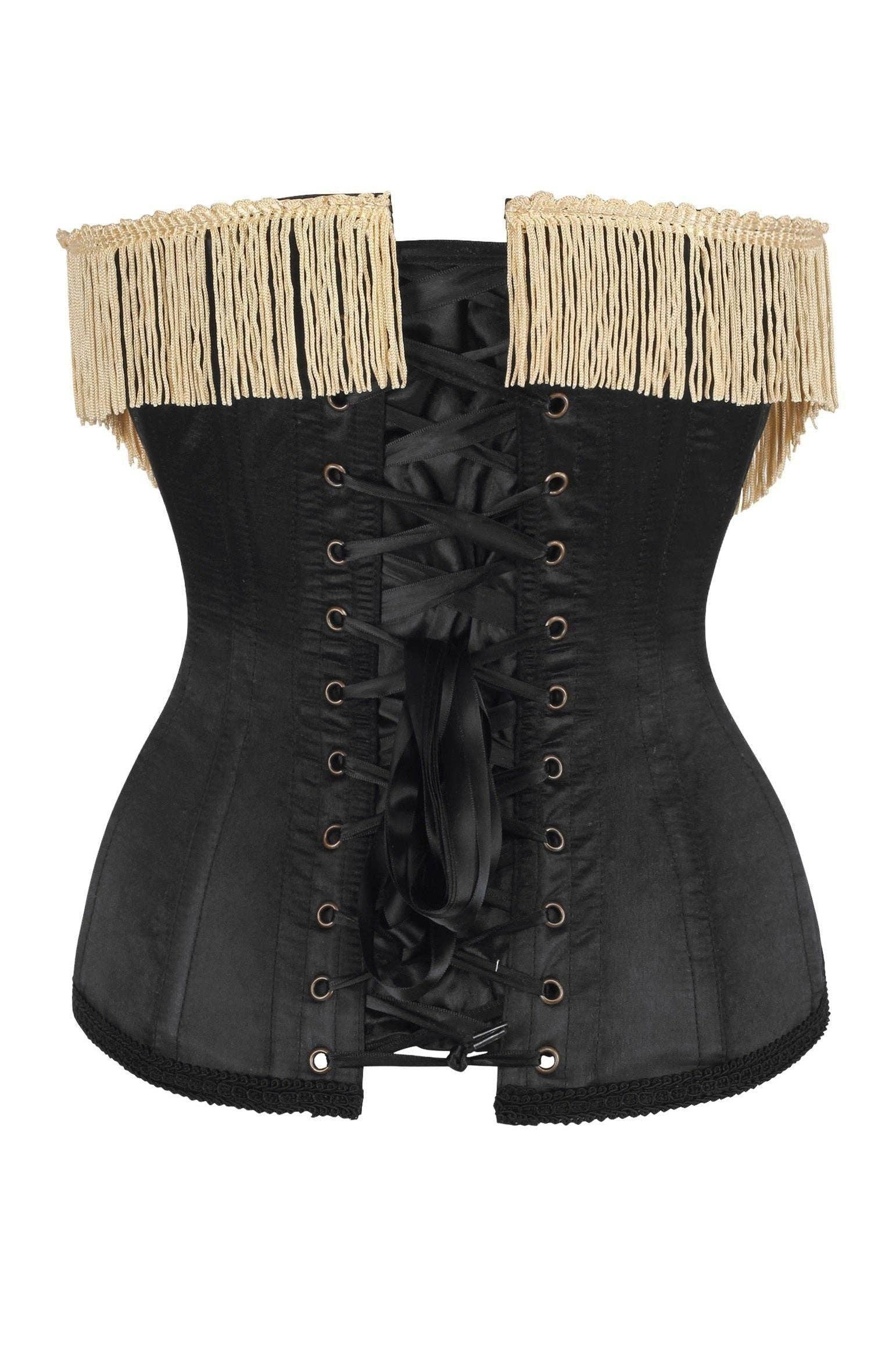 Daisy Corsets – wholesale Skirt – Women’s – Top Drawer Burlesque Underbust Black/Dark Red Steel Boned Corset w/Gold Fringe2