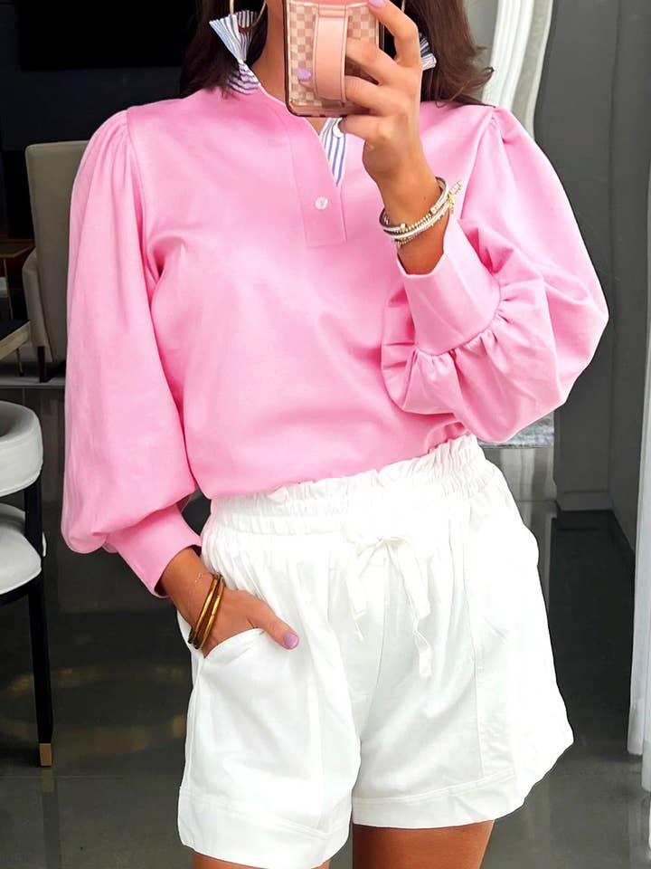 Sweat-shirt à col rayé et manches bouffantes pour la vente par EG fashion