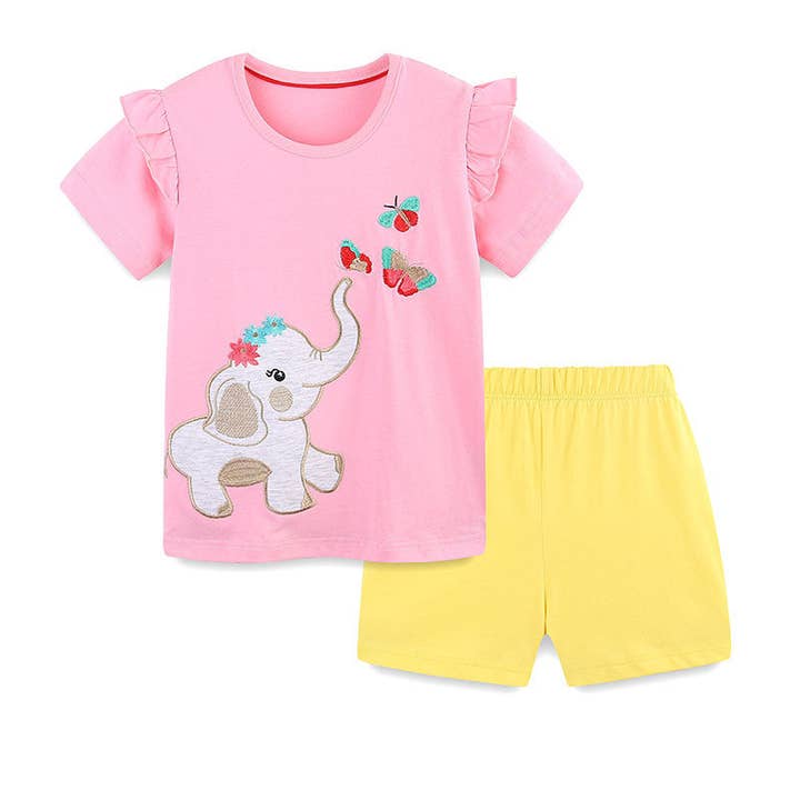Set di abbigliamento estivo per bambine con motivo elefante carino: maglietta e pantaloncini. per la vendita all'ingrosso da parte di MyKids-USA®