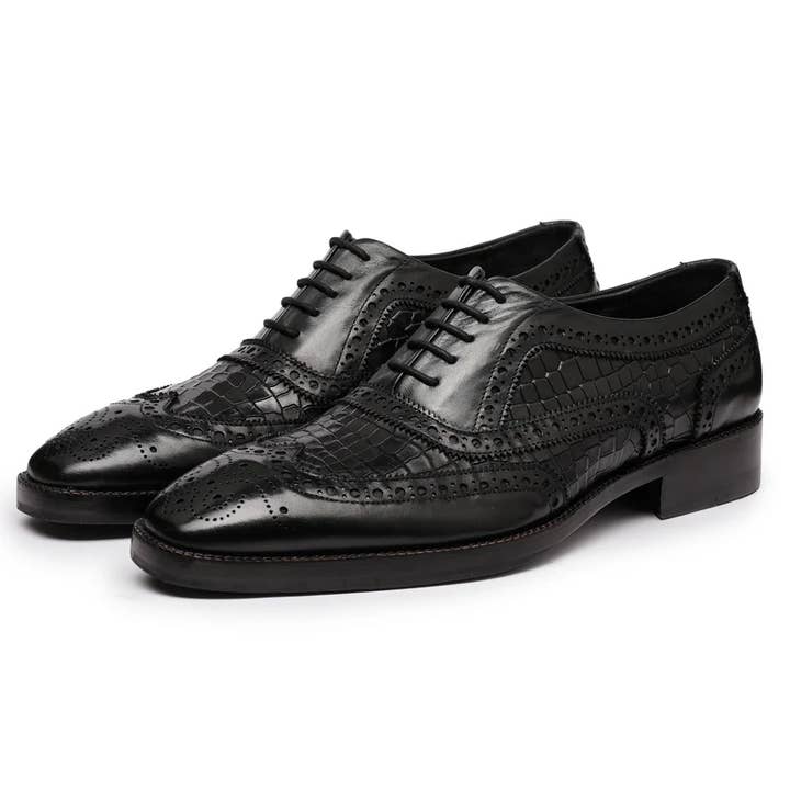 Oxford Brogue com Asa - Crocodilo Preto por atacado de The Royale Leather