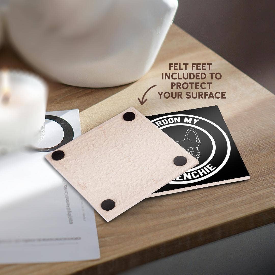 3dRose – Engroshandel Bordskånere – 3dRose, Undskyld min Frenchie i en cirkel med fransk bulldog på sort baggrund, Bordskåner3