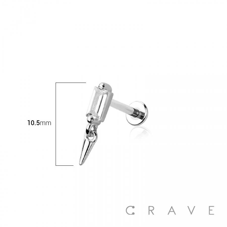 CRAVE - Wholesale Lip Ring - CONE SPIKE DANGLE CZ BAGUETTE TOP THREADLESS (PUSH IN) 316L1