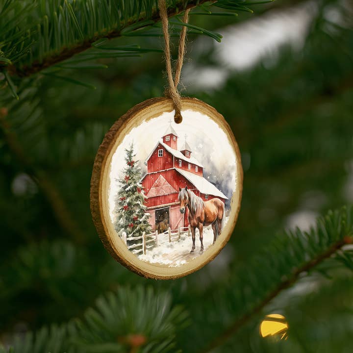 Hangout Home - Wholesale Ornament - Horse and Red Barn - Wood Ornament - Farmhouse Holiday Decor2