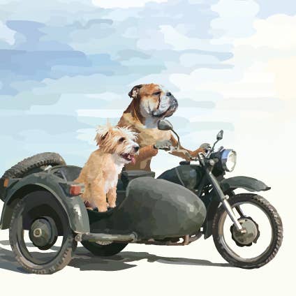 Periodic Society - Venta al por mayor Tarjetas de felicitación - Sidecar 226C/perro conduciendo una moto con un pasajero