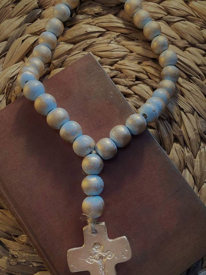 NATALIE Lt Blue Wood 41 (20mm) Beads Med Gold Clay Cross for wholesale by RKM Designs