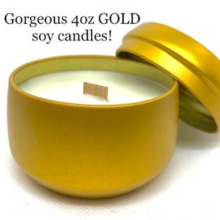 Thy Will Bee Done Apiary - Wholesale Travel Candles - Luxe Gold Candles With Wooden Wicks. Luxury 4oz Soy Candles