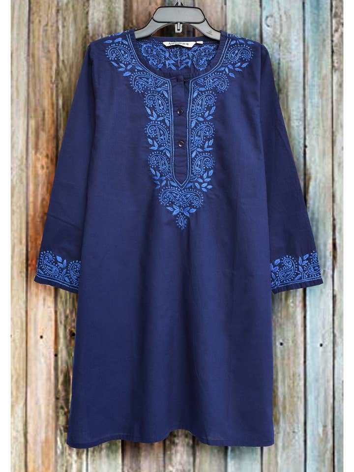 ADITI Pure Cotton Round Neck, Hand Embroidered Tunic, Kurti, Regular and Plus Sizes for wholesale by Ayurvastram