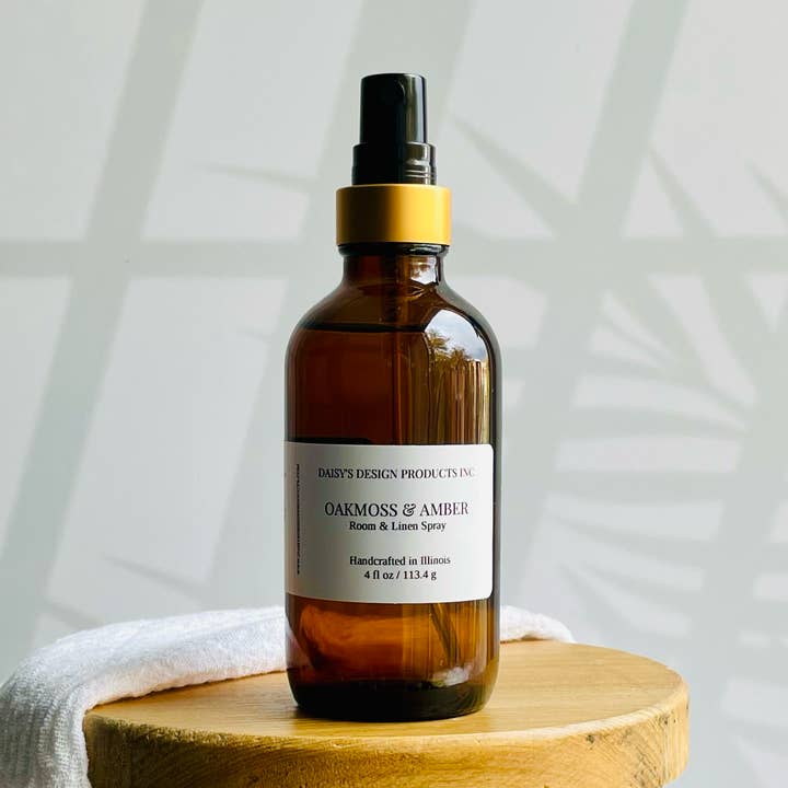 Oakmoss & Amber / 4oz Room & Linen Spray. Amber Glass Bottle for wholesale by Daisy's Design Products Inc.