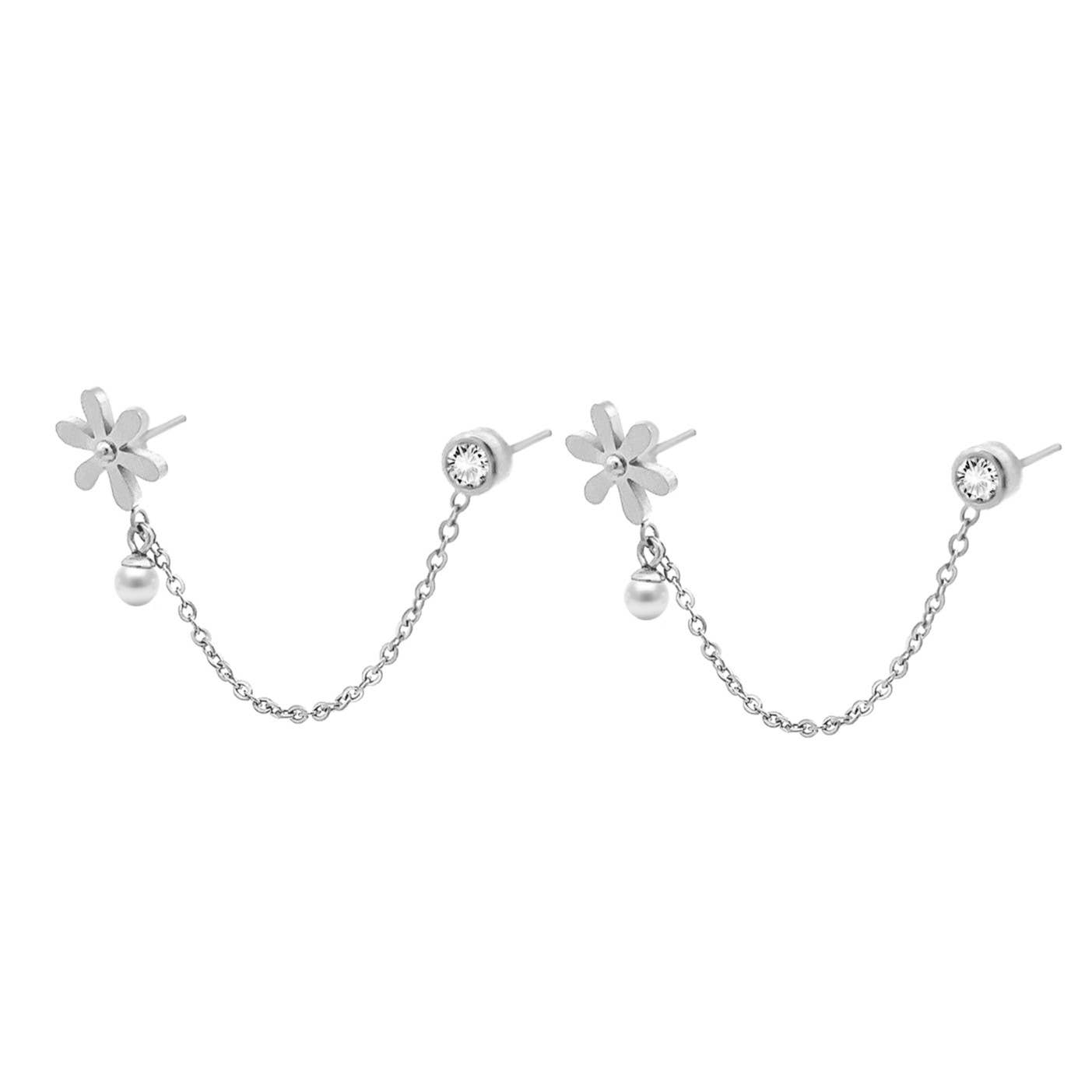 AMORINO SRL – Brincos de pino por atacado – BRINCOS DE FURO DUPLO COM CORRENTE E FLOR - JN2344E650