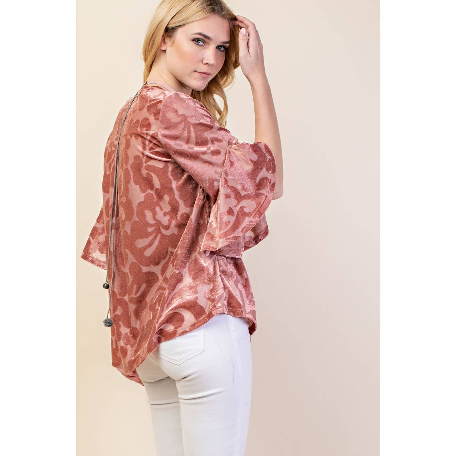 VOCAL - Wholesale Blouse - Women's - VELVET RUFFLE SLEEVE KNIT TOP22
