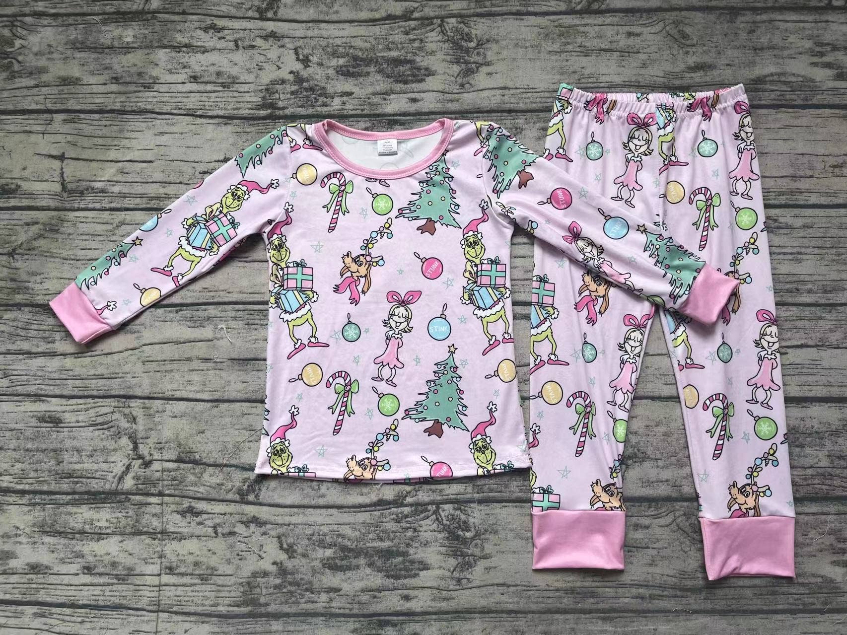 Aier Wholesale - Wholesale Sleepwear Set - Kids - Baby Girls Pink Christmas Cindy Shirt Pants Bamboo Pajamas Clothes Sets1