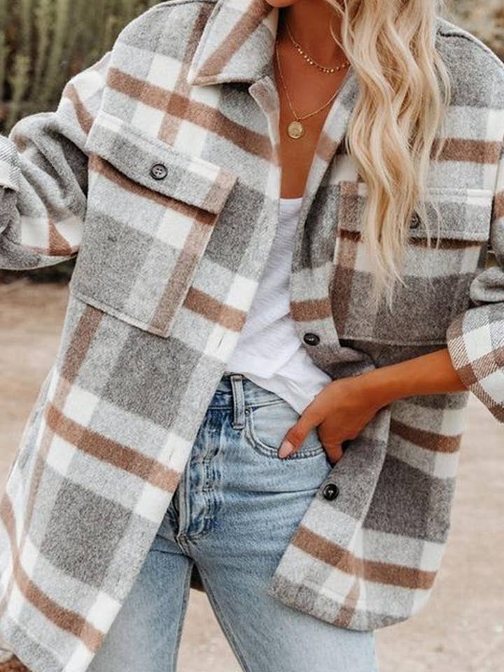NINEXIS - Wholesale Shirt Jacket/Shacket - Women's - CWOCO0273_PLAID POCKET BUTTON FLANNEL SHIRT JACKET