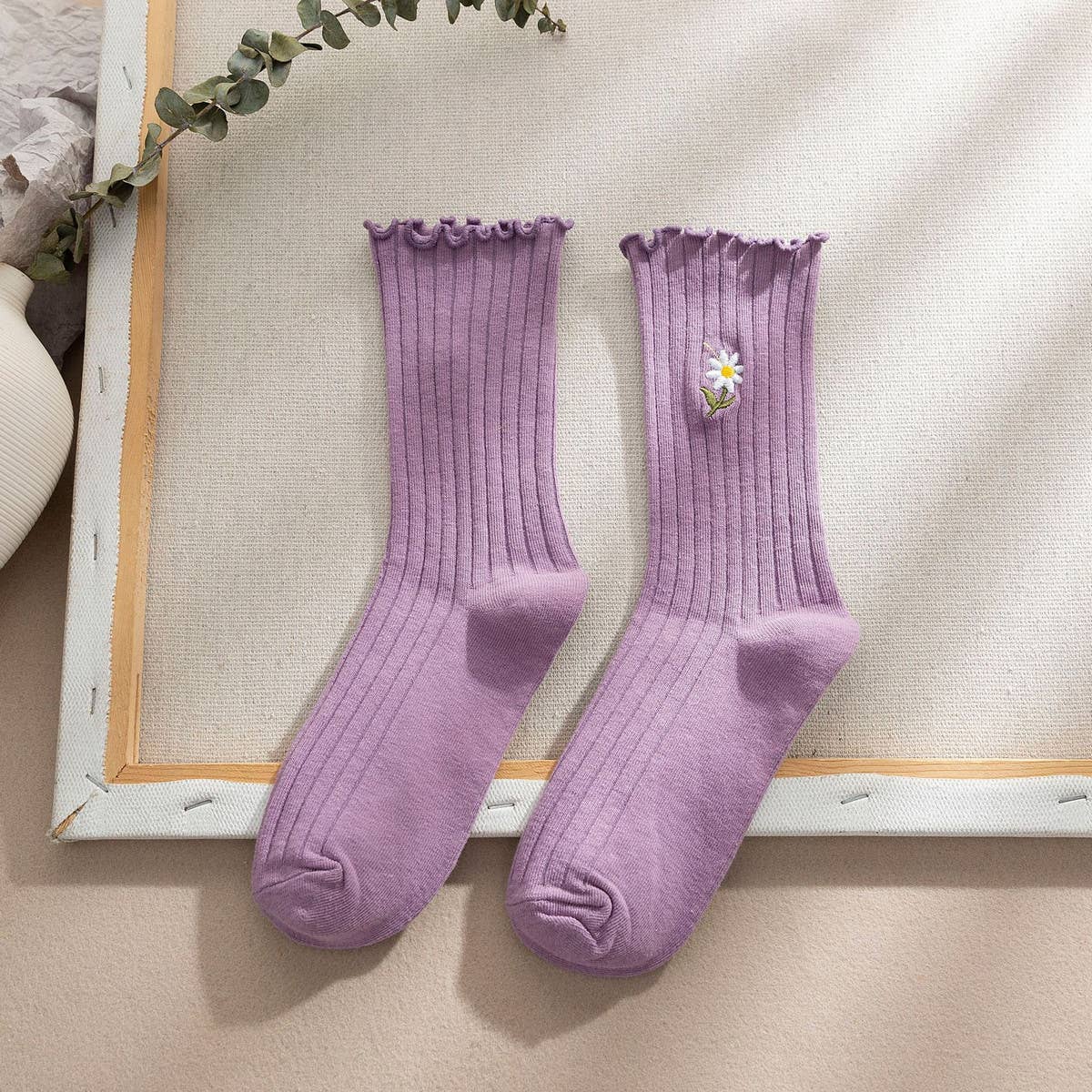 ACCITY - Wholesale Socks - Women's - Flower Embroidery Crew Ruffle Socks Women_CWMS029312