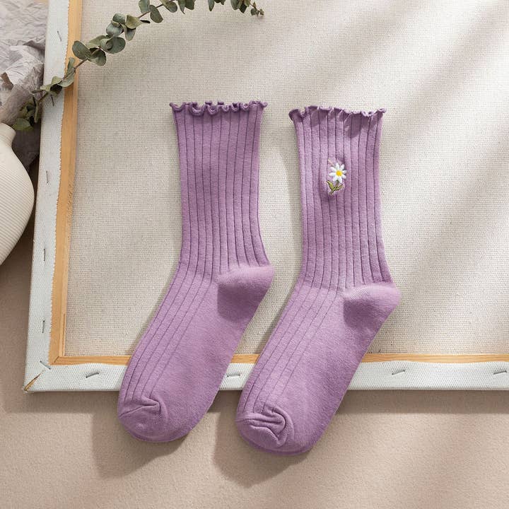ACCITY - Wholesale Socks - Women's - Flower Embroidery Crew Ruffle Socks Women_CWMS029312