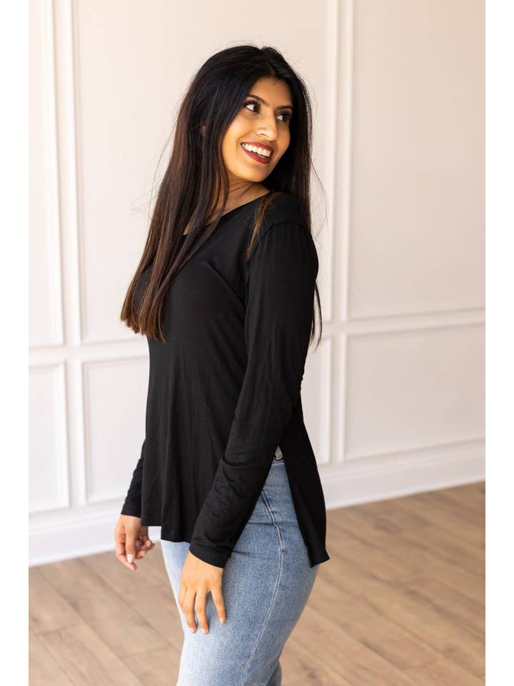 Not Your Basic Black Long-sleeved Side Split Top for wholesale on Faire2