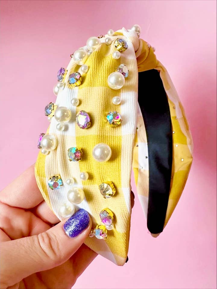 Yellow Gingham Embellished Headband for wholesale by Sandy + Rizzo