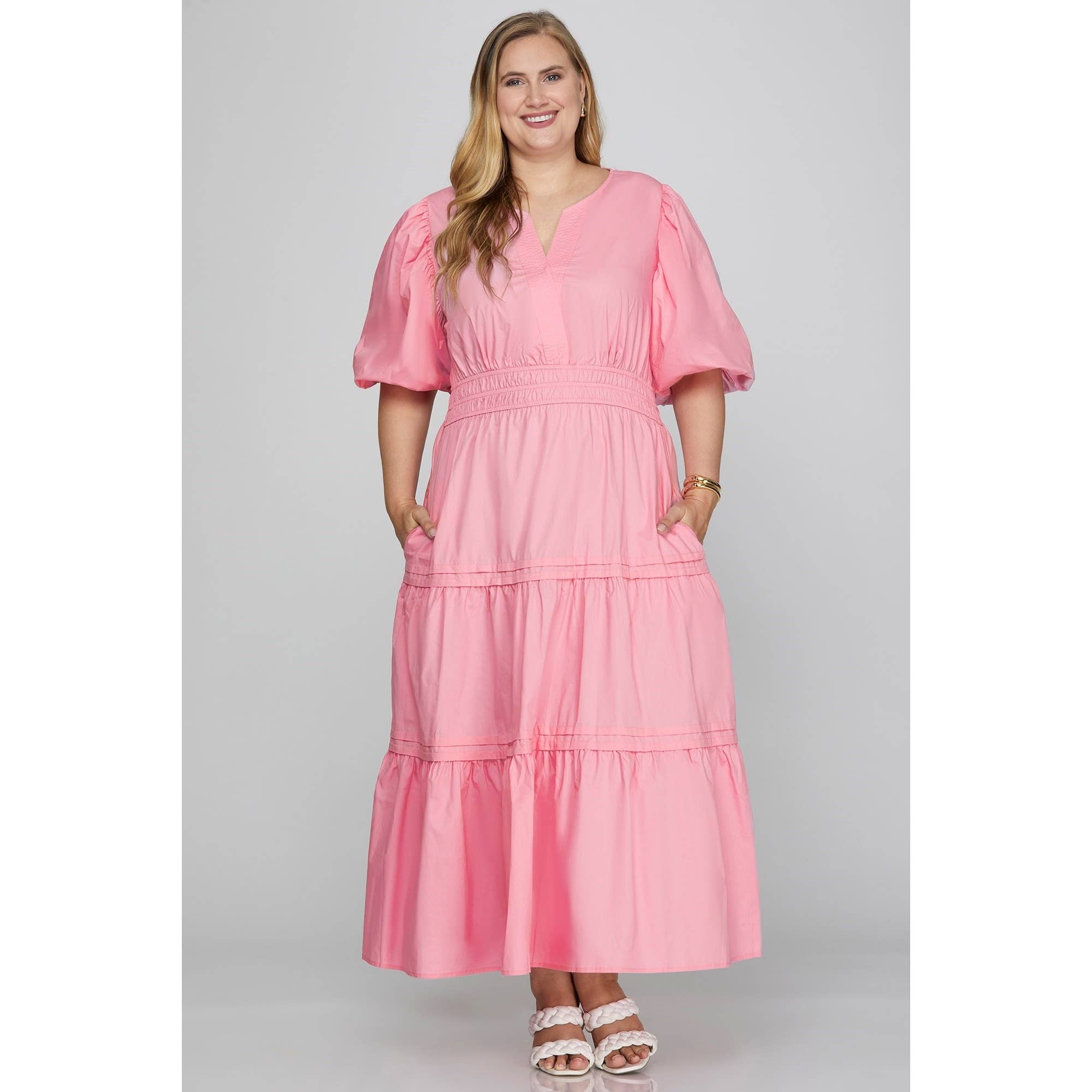 Curve Market - Wholesale Dress - Women's - PLUS SIZE POPLIN V NECK BALLOON SLEEVE WITH POCKETS TIERED M4