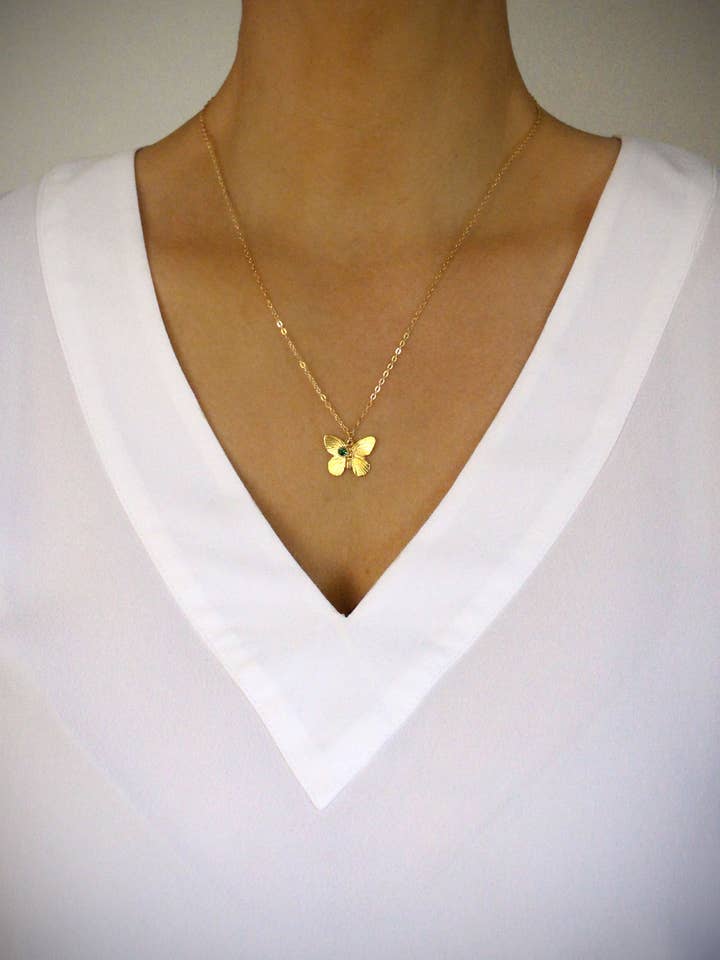 18K gold plated butterfly necklace with Emerald crystal for wholesale by DIGE DESIGNS