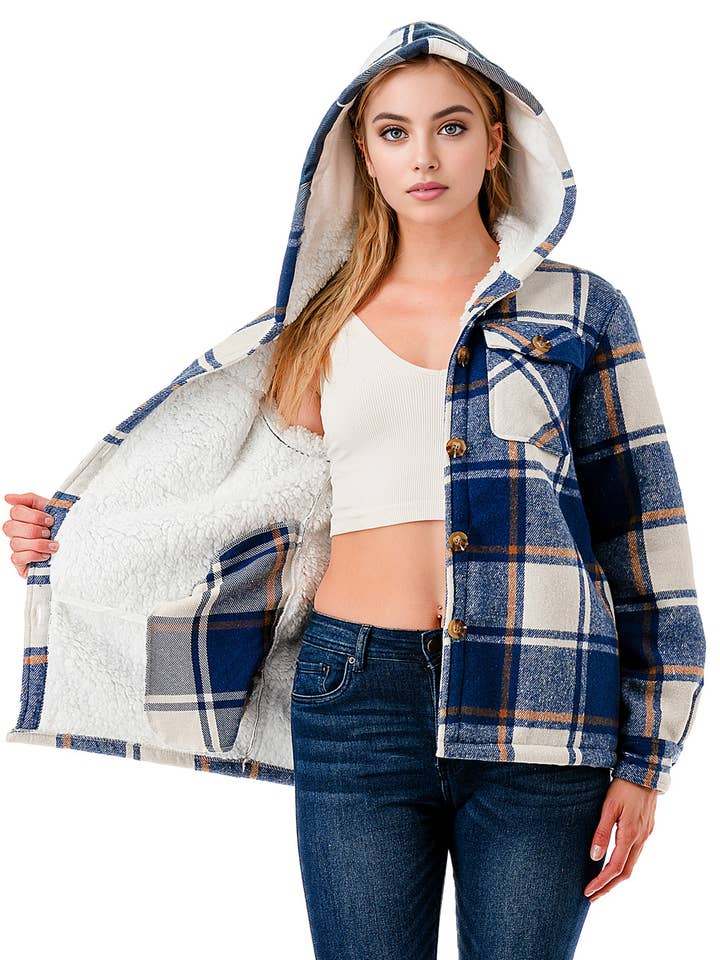 Fur lined winter blue plaid flannel shacket with hoodie for wholesale by Color 5