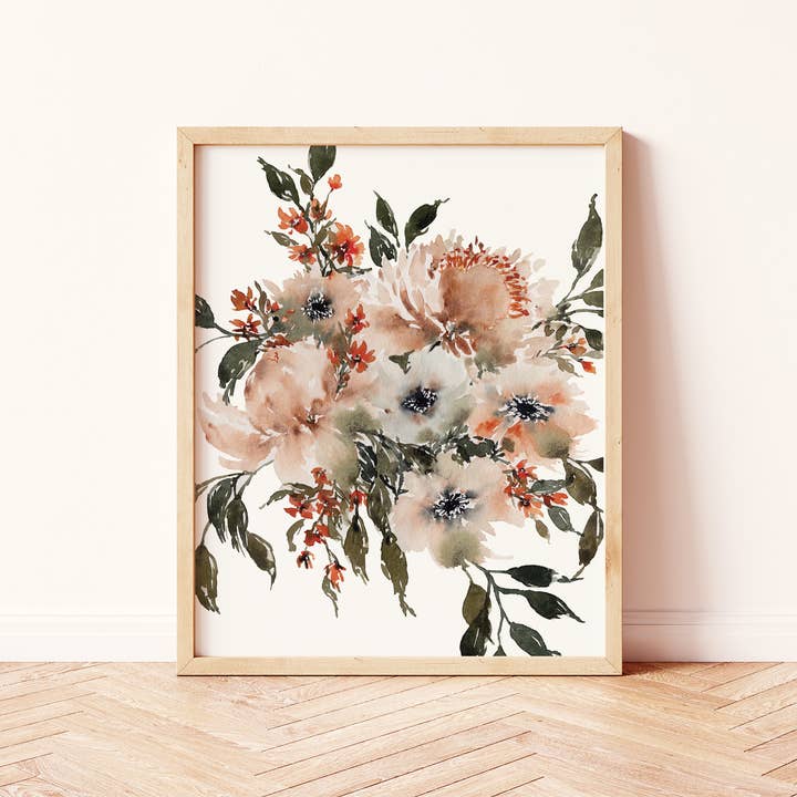 Bohemian Beige and Rust Loose Florals No. 01 Art Print for wholesale by Paperbec Design Co.