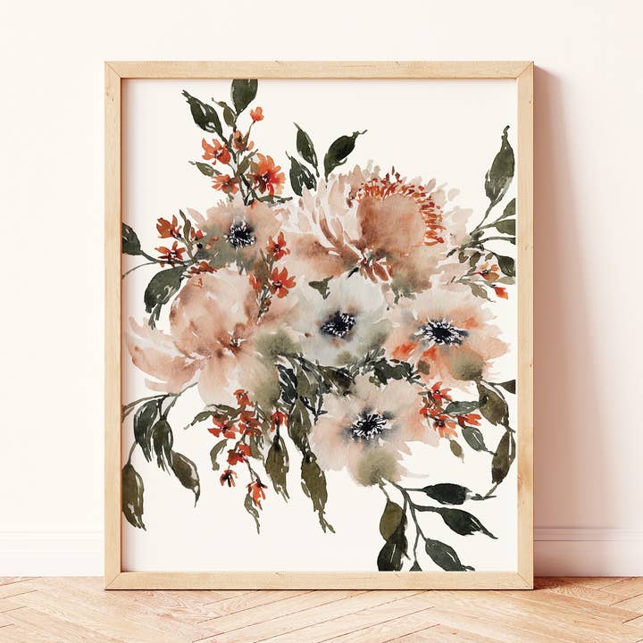 Paperbec Design Co. - Wholesale Art Print - Bohemian Beige and Rust Loose Florals No. 01 Art Print