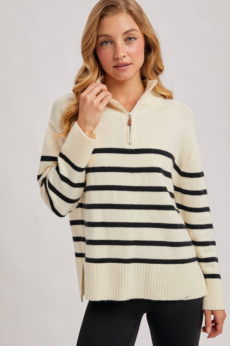 Bluivy - Wholesale Knit Sweater - Women's - QUARTER ZIP UP STRIPE SWEATER PULLOVER10