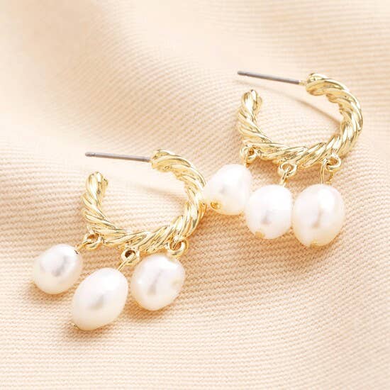 Triple Pearl Drop Rope Hoop Earrings in Gold for wholesale by Lisa Angel