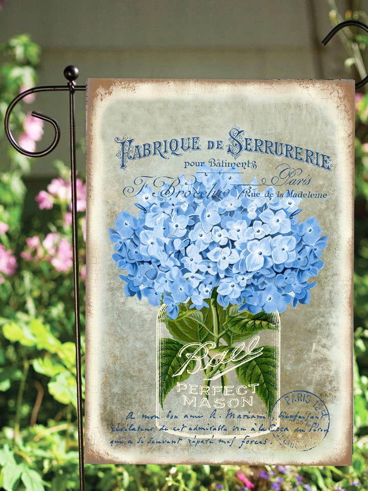 Blue Hydrangea Ball Mason Jar Garden Flag for wholesale by Happy Cow Lawn Decor