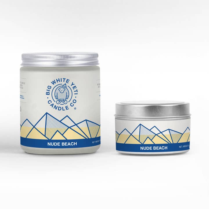 Nude Beach Soy Candle - 6oz tin or 8oz glass jar for wholesale by Big White Yeti