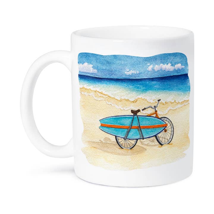 3dRose – Großhandel Kaffeebecher – 3dRose, Strandszene mit Fahrrad und Surfbrett, Tasse8