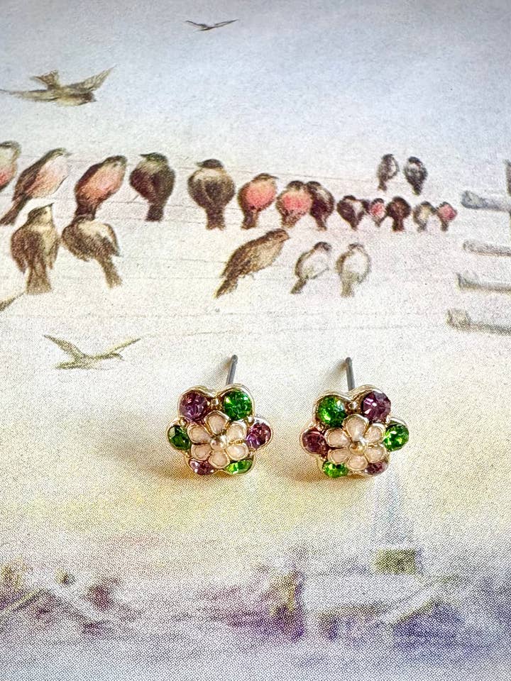 Studs - vintage brass flowers, amethyst, peridot rhinestones for wholesale by joeyfivecents