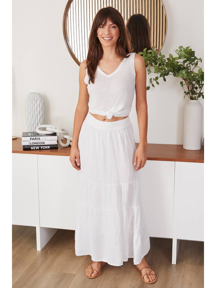 White MINERAL WASH TIERED MAXI SKIRT(154125-WHITE) for wholesale on Faire