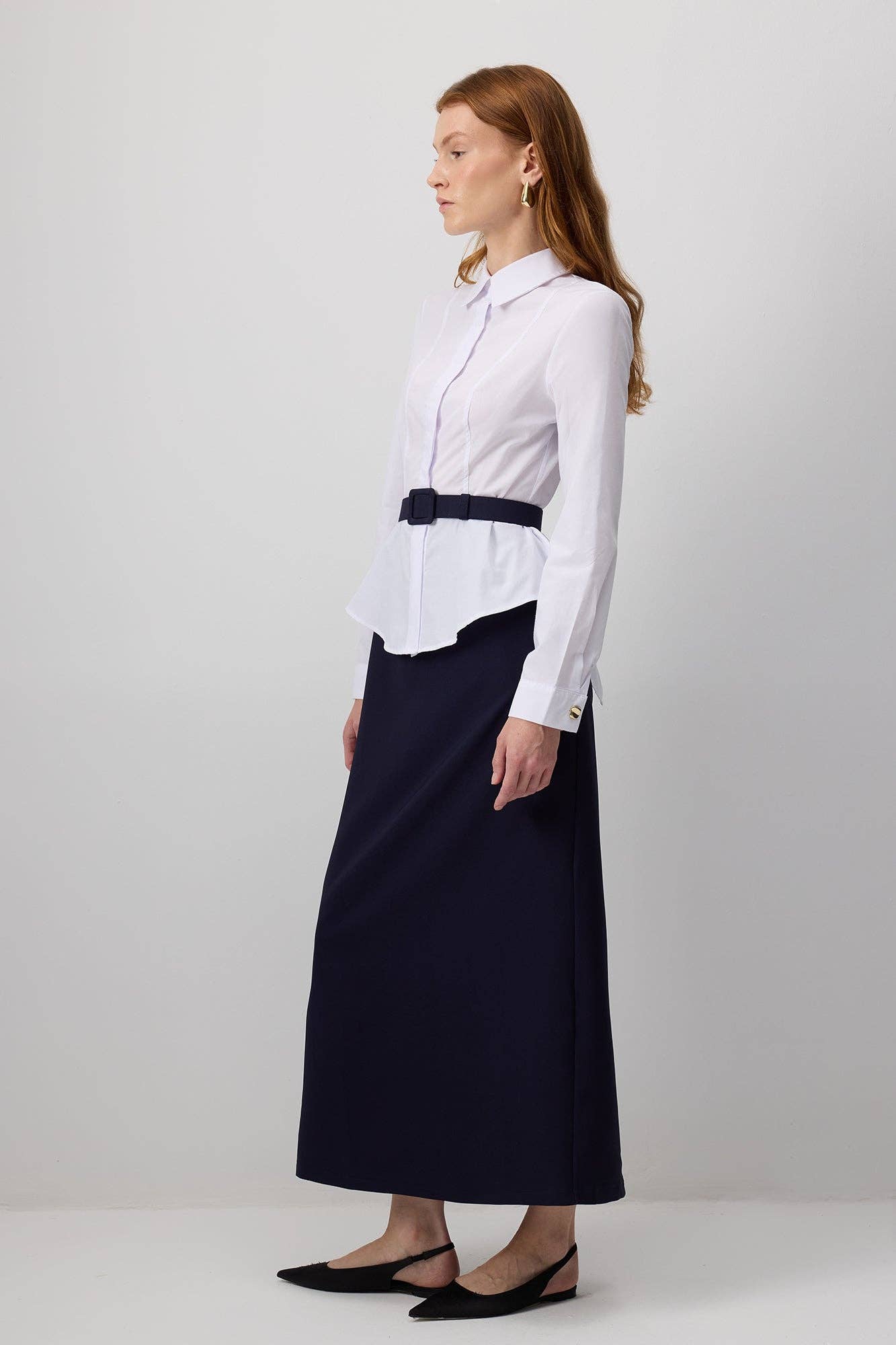 Navy Blue Belted White Poplin Shirt Dress with Pleated Hem  for wholesale on Faire4
