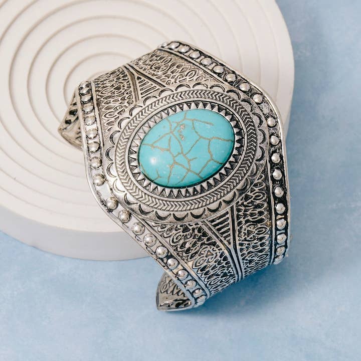 Oval Turquoise Stud Western Engraved Cuff Bracelet for wholesale by The Looks by Fame Accessories
