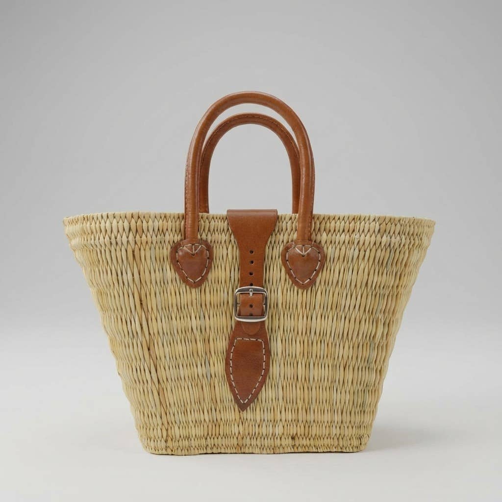 Melecraft - Wholesale Basket - Woven Reed Market Basket Leather Strap - Natural Boho Tote14