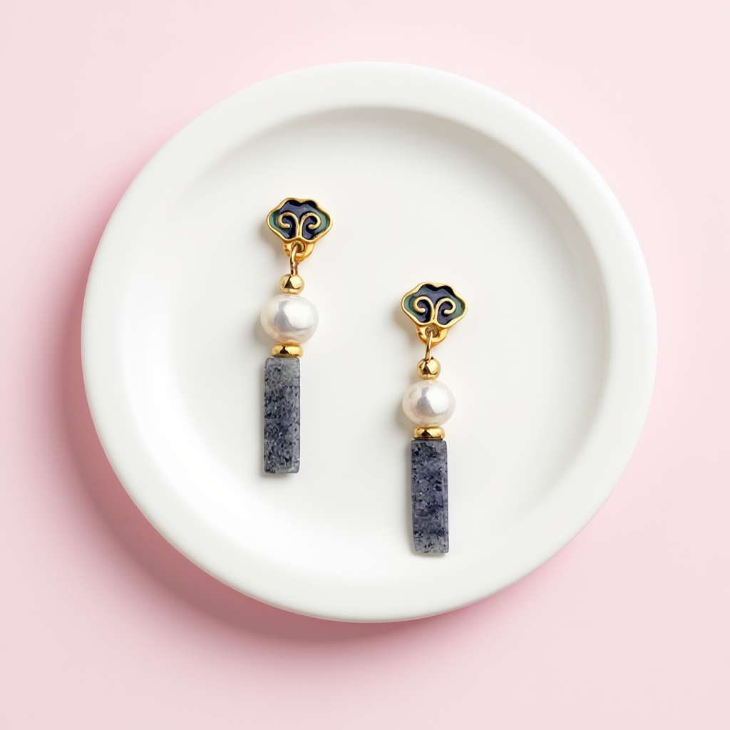 Otterware - Wholesale Dangle Earrings - Handmade Cloisonné Enamel Earrings: Pearl & Jasper, S9257