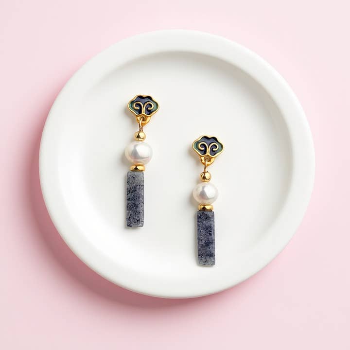 Otterware - Wholesale Dangle Earrings - Handmade Cloisonné Enamel Earrings: Pearl & Jasper, S9257