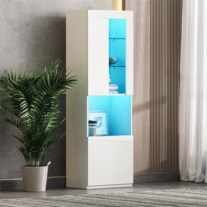 High Gloss Storage Cabinet With Led Lights, 67" Tall Pantry Cabinet With Acrylic Door, Modern Bookcase & Display Cabinet With Open Countertop And Tempered Glass Shelves For Living Room, White White for wholesale by Orange County Decor