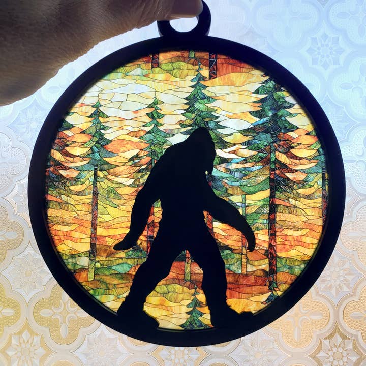 Bigfoot Round 5.5 inch Suncatcher V1 with Pine Trees Forest for wholesale by Minglewood Trading